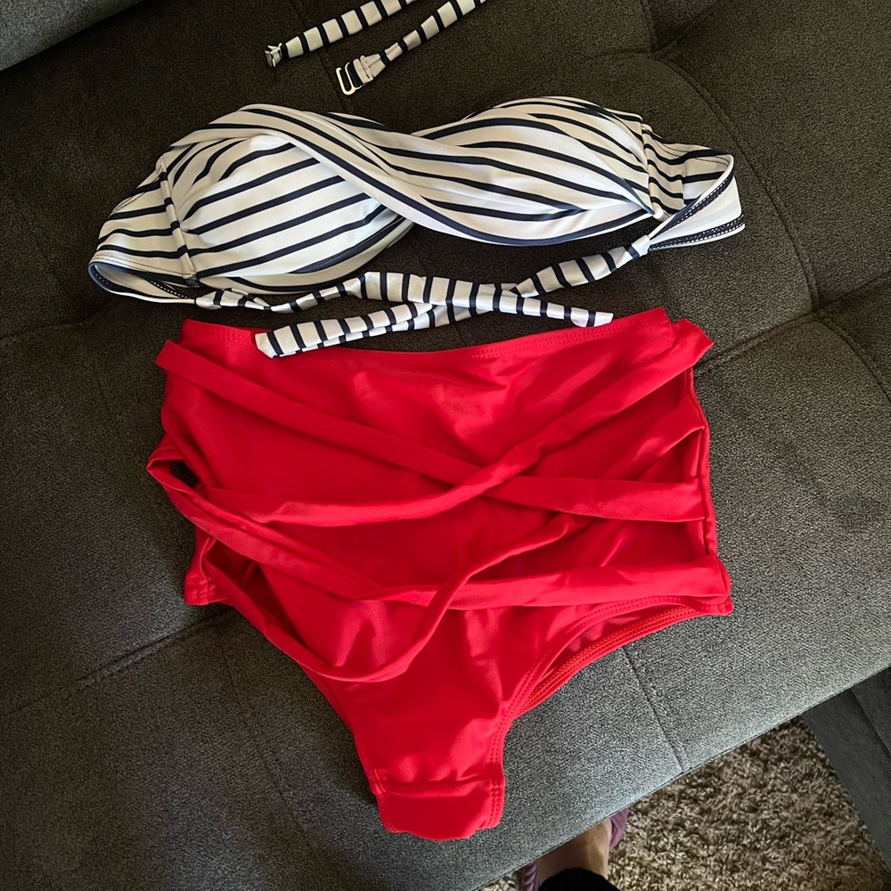 Striped Black and White Bikini Top with Red Bottom